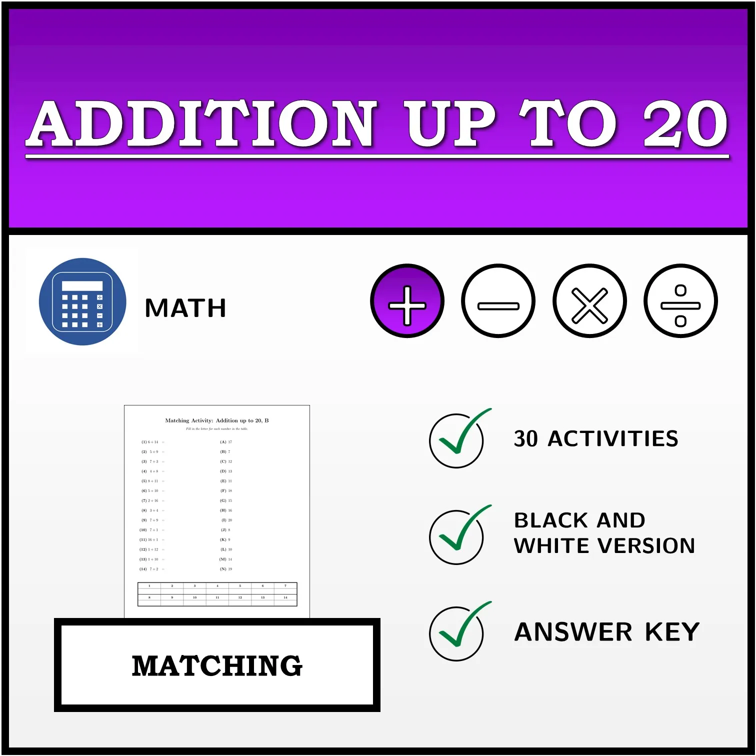 Matching activity: Addition up to 20