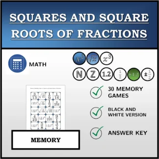 Memory matching game: Squares and Square Roots of Fractions
