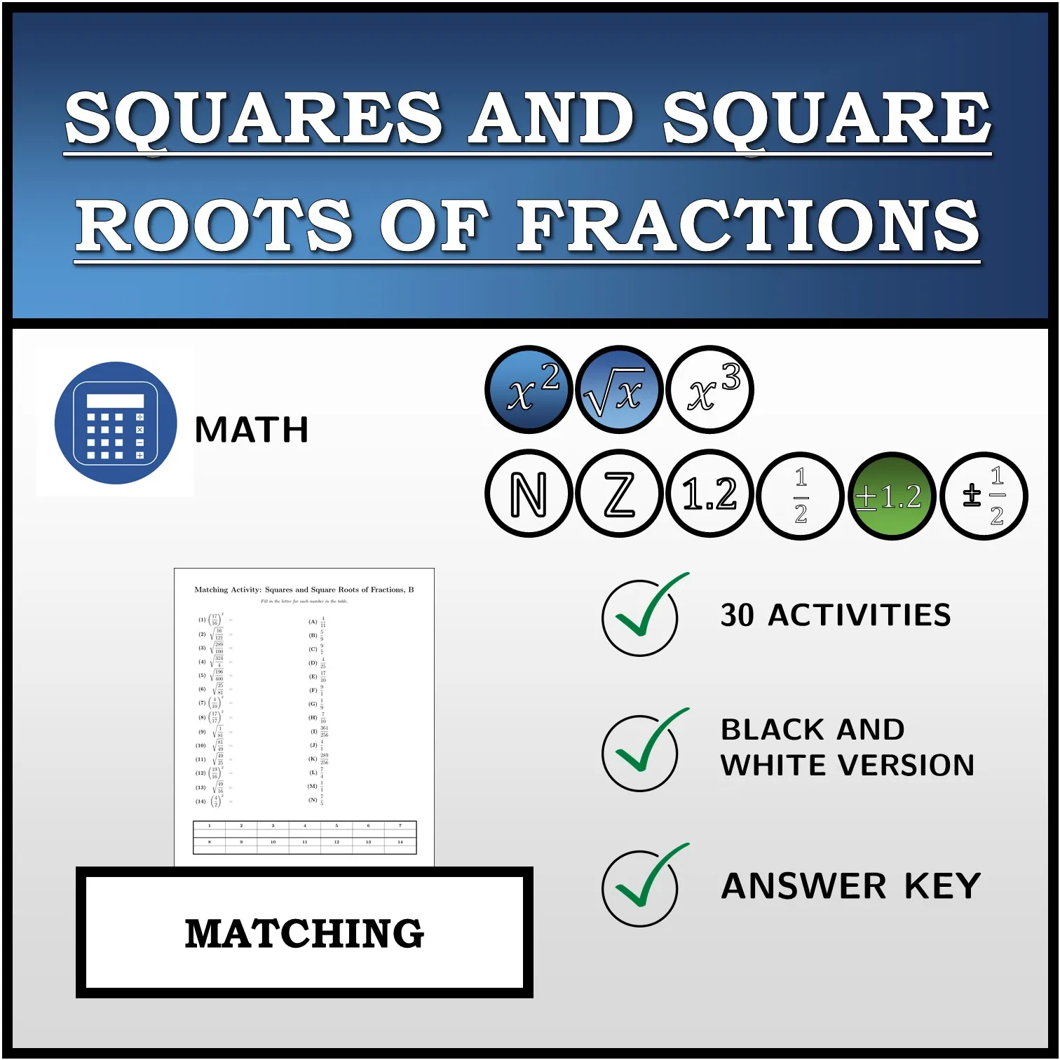 Matching activity: Squares and Square Roots of Fractions