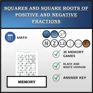 Memory matching game: Squares and Square Roots of Positive and Negative Fractions