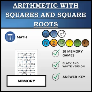Memory matching game: Arithmetic with Squares and Square Roots