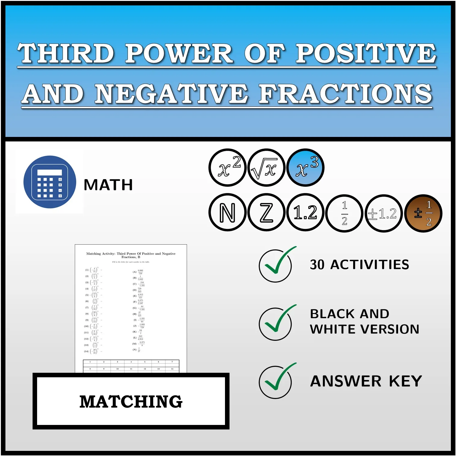 Matching activity: Third Power Of Positive and Negative Fractions