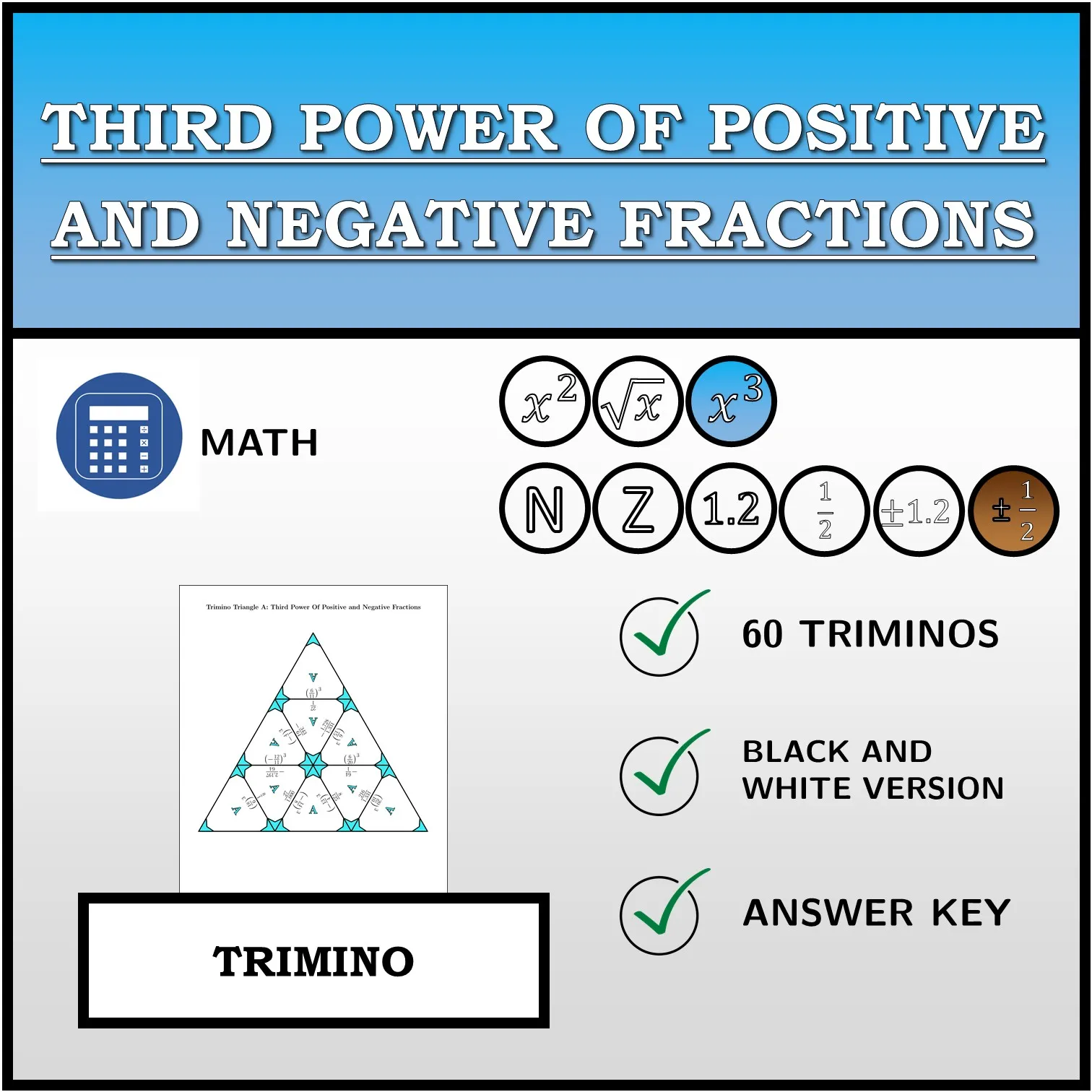 Trimino: Third Power Of Positive and Negative Fractions