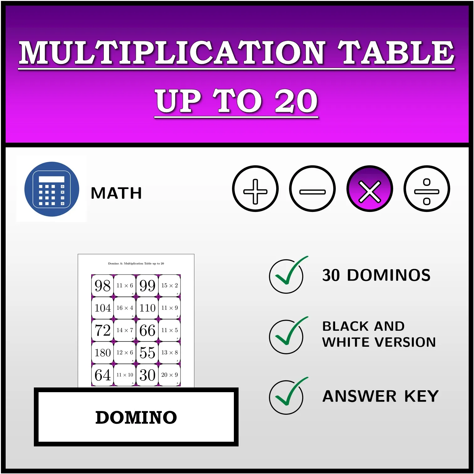 Domino: Multiplication Table up to 20
