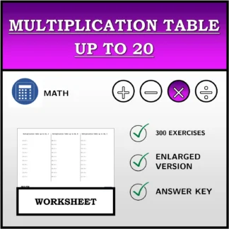 Worksheet: Multiplication Table up to 20
