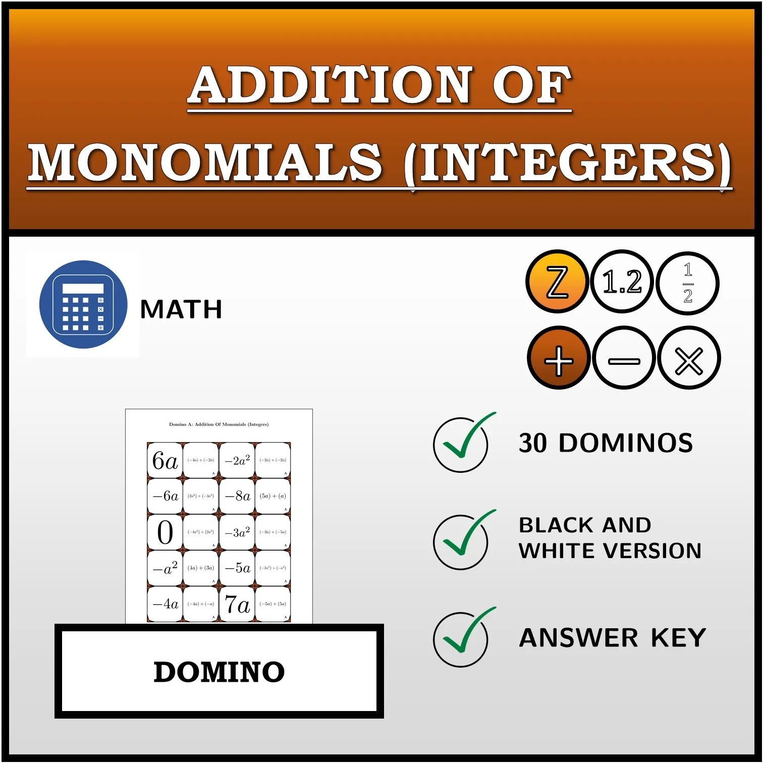 Domino: Addition Of Monomials (Integers)