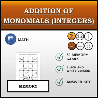 Memory matching game: Addition Of Monomials (Integers)