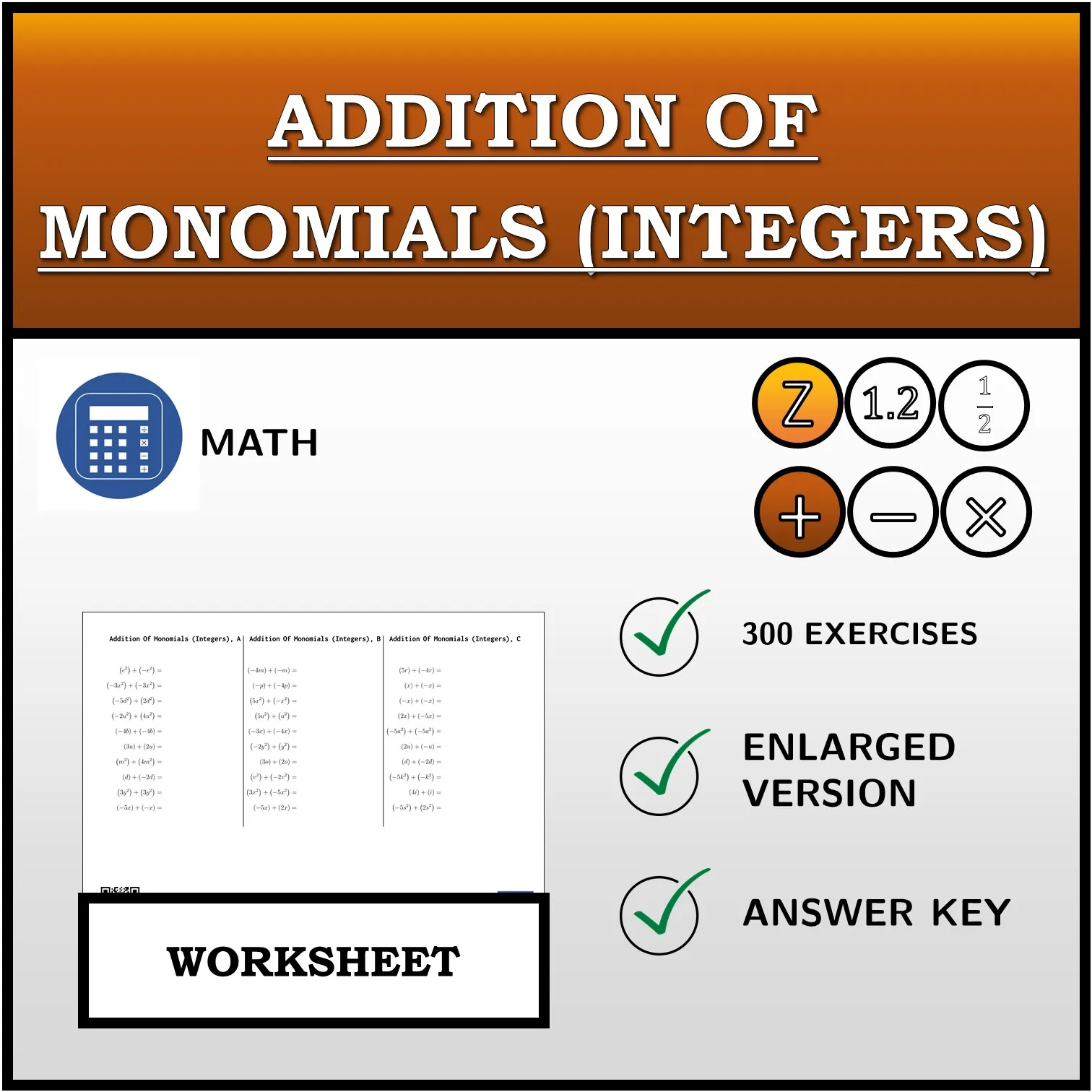Worksheet: Addition Of Monomials (Integers)