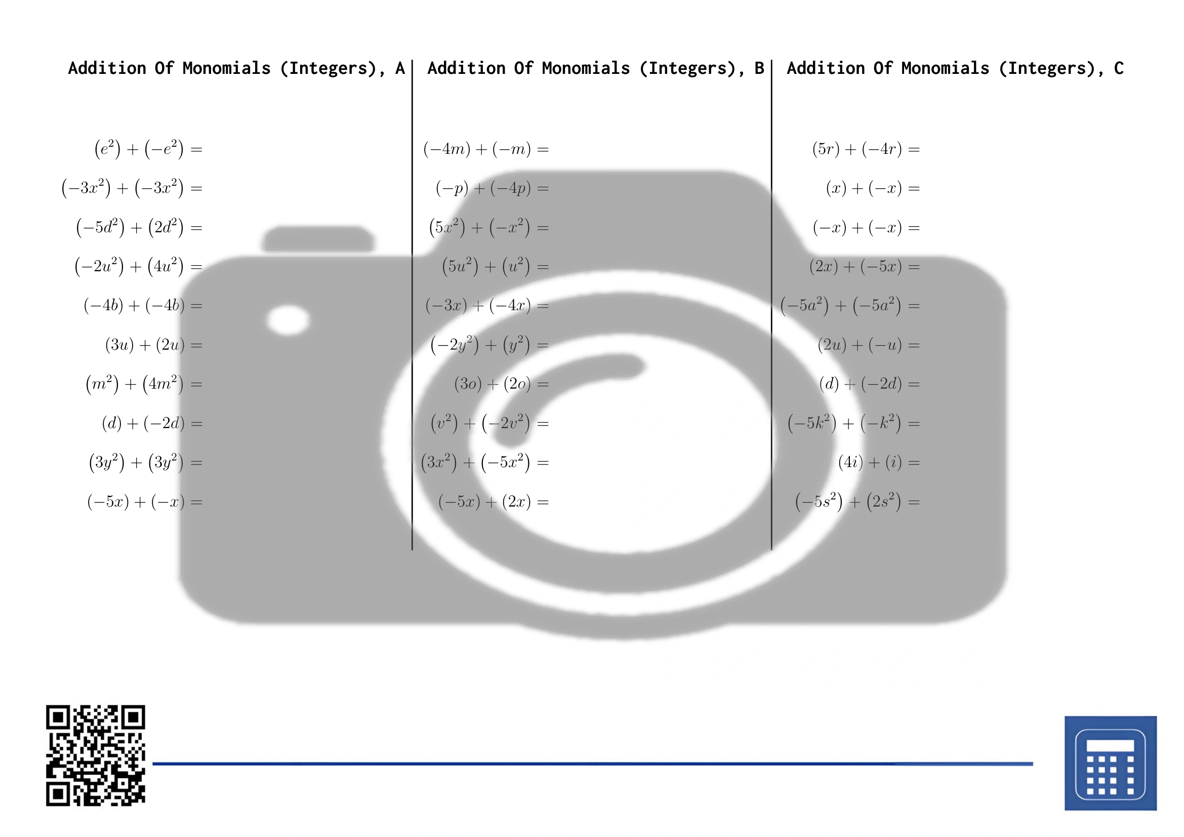 Worksheet: Addition Of Monomials (Integers) - Image 2