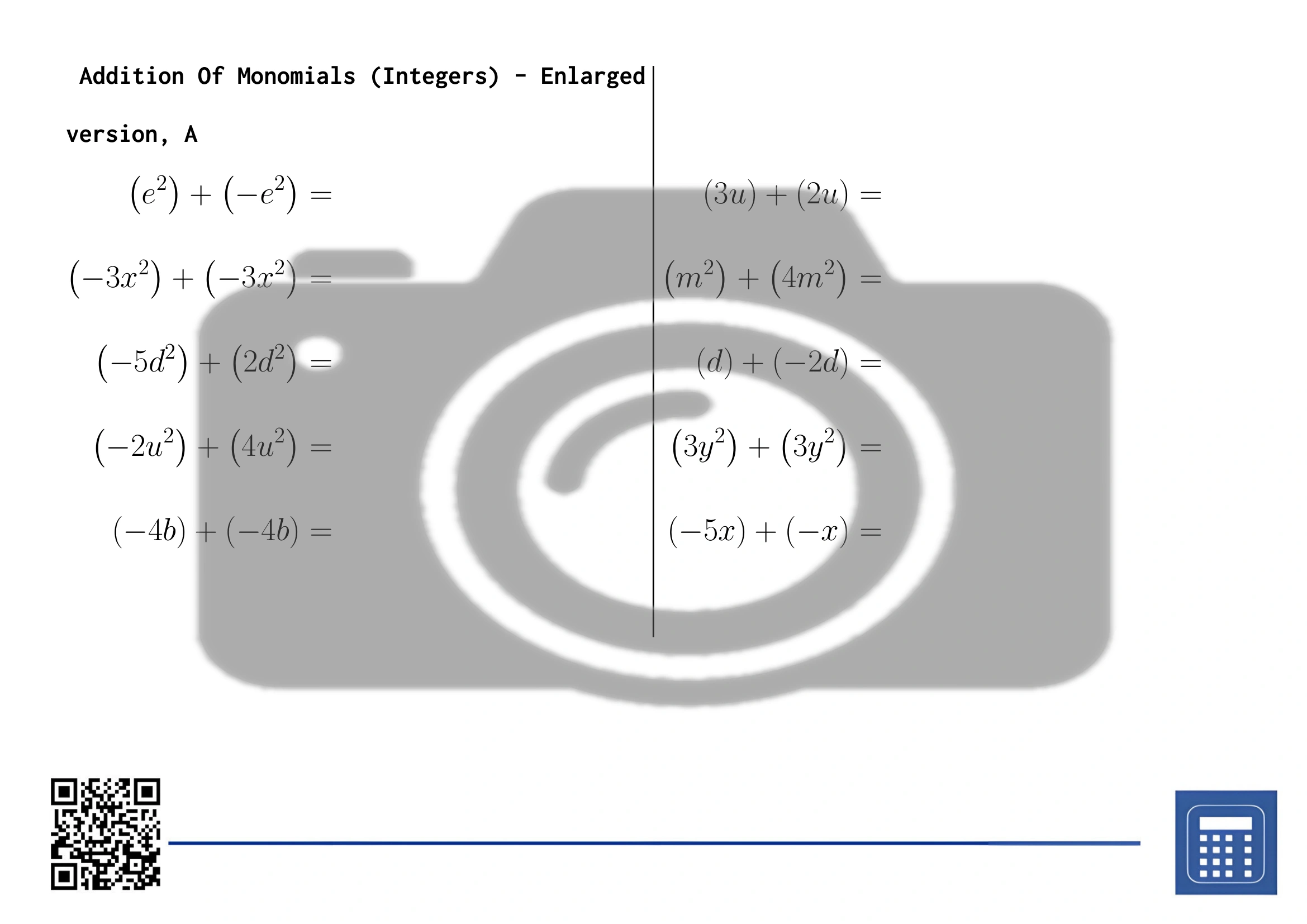 Worksheet: Addition Of Monomials (Integers) - Image 3