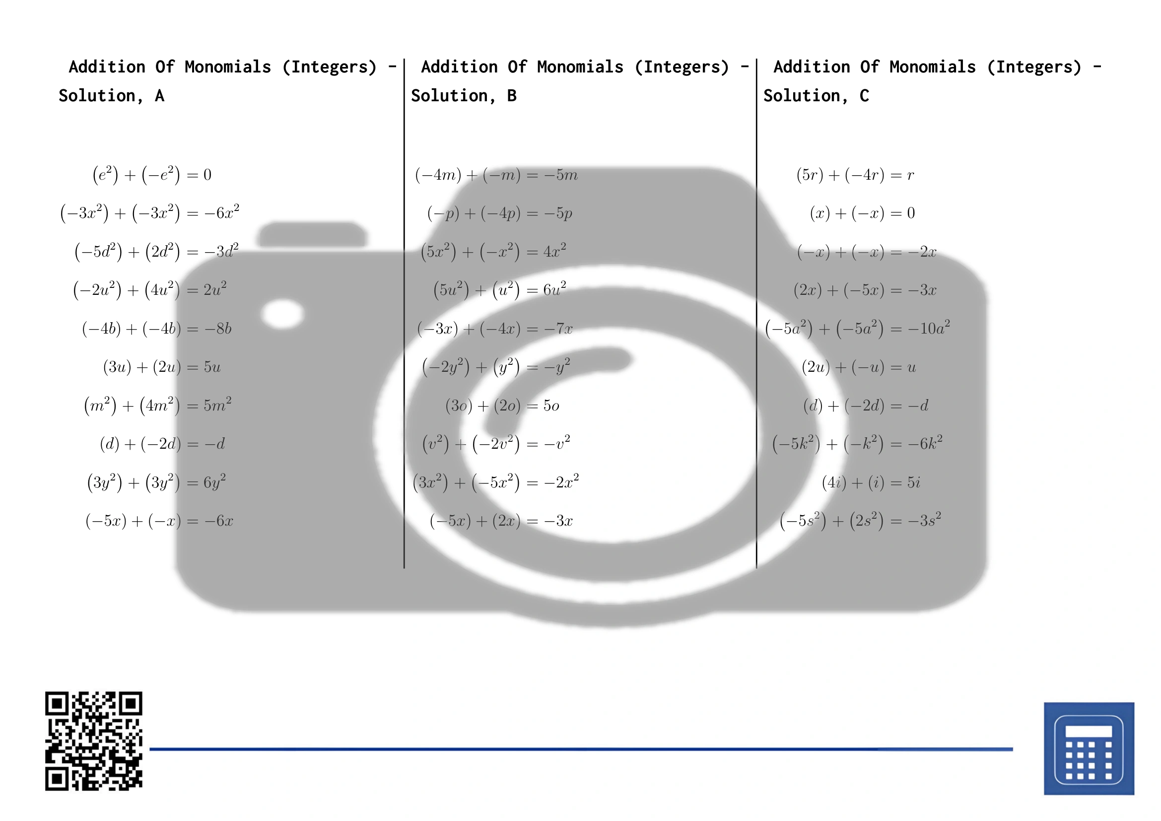 Worksheet: Addition Of Monomials (Integers) - Image 4