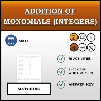 Matching activity: Addition Of Monomials (Integers)