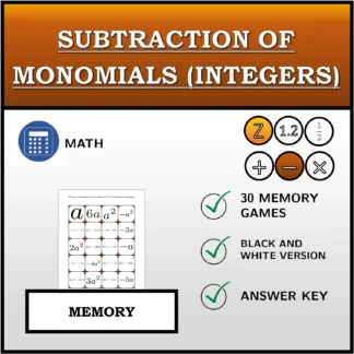 Memory matching game: Subtraction Of Monomials (Integers)