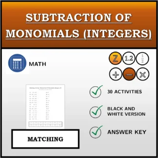 Matching activity: Subtraction Of Monomials (Integers)