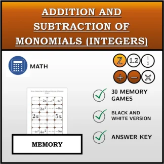 Memory matching game: Addition and Subtraction Of Monomials (Integers)
