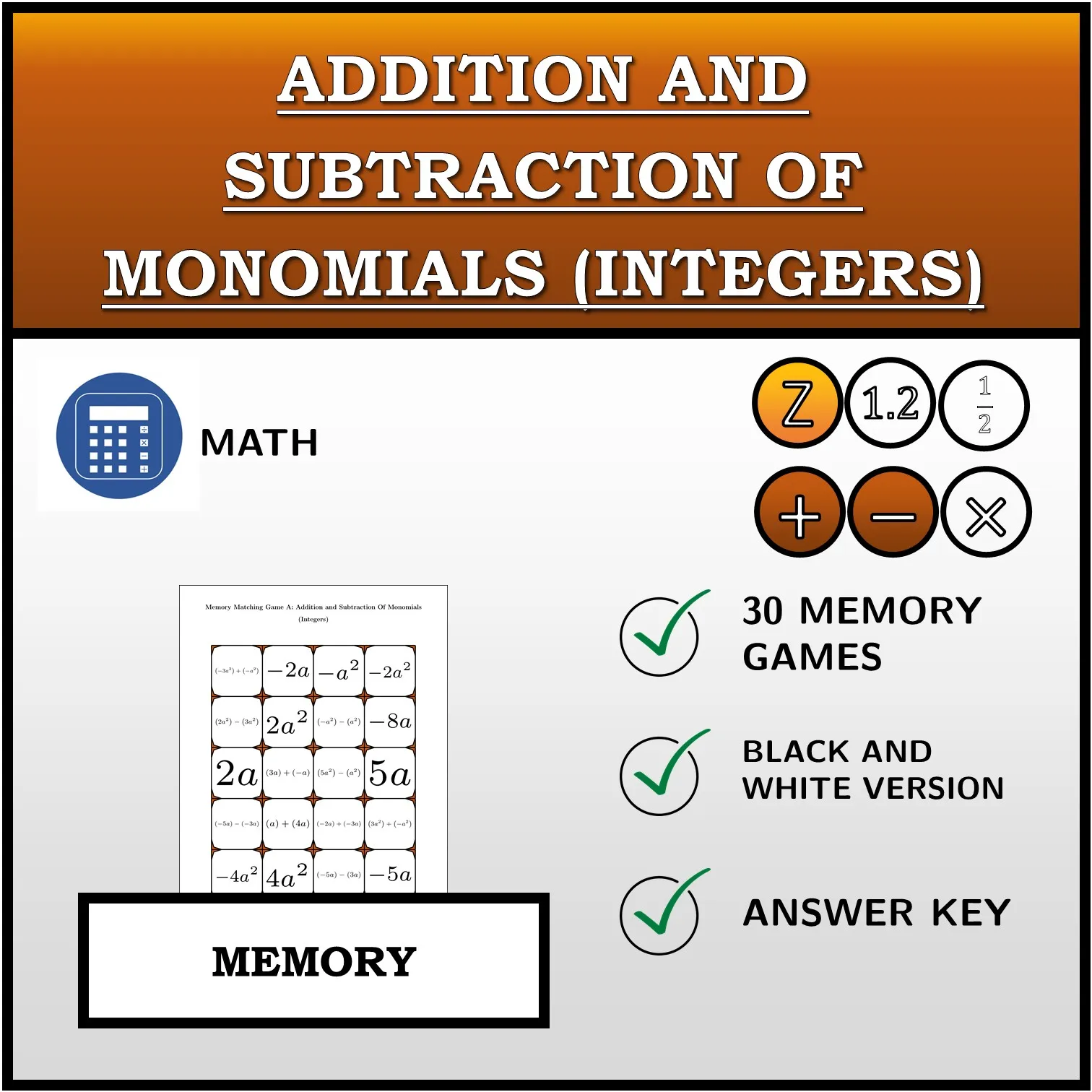 Memory matching game: Addition and Subtraction Of Monomials (Integers)