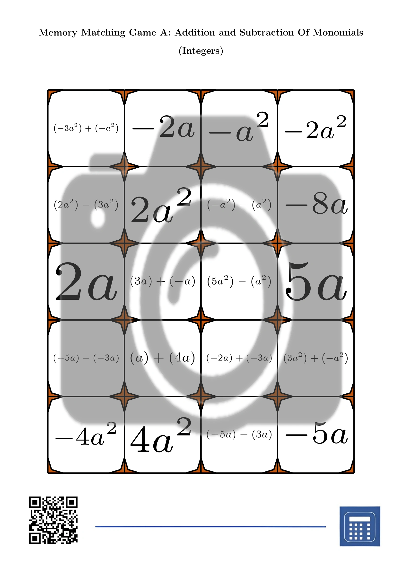 Memory matching game: Addition and Subtraction Of Monomials (Integers) - Image 2