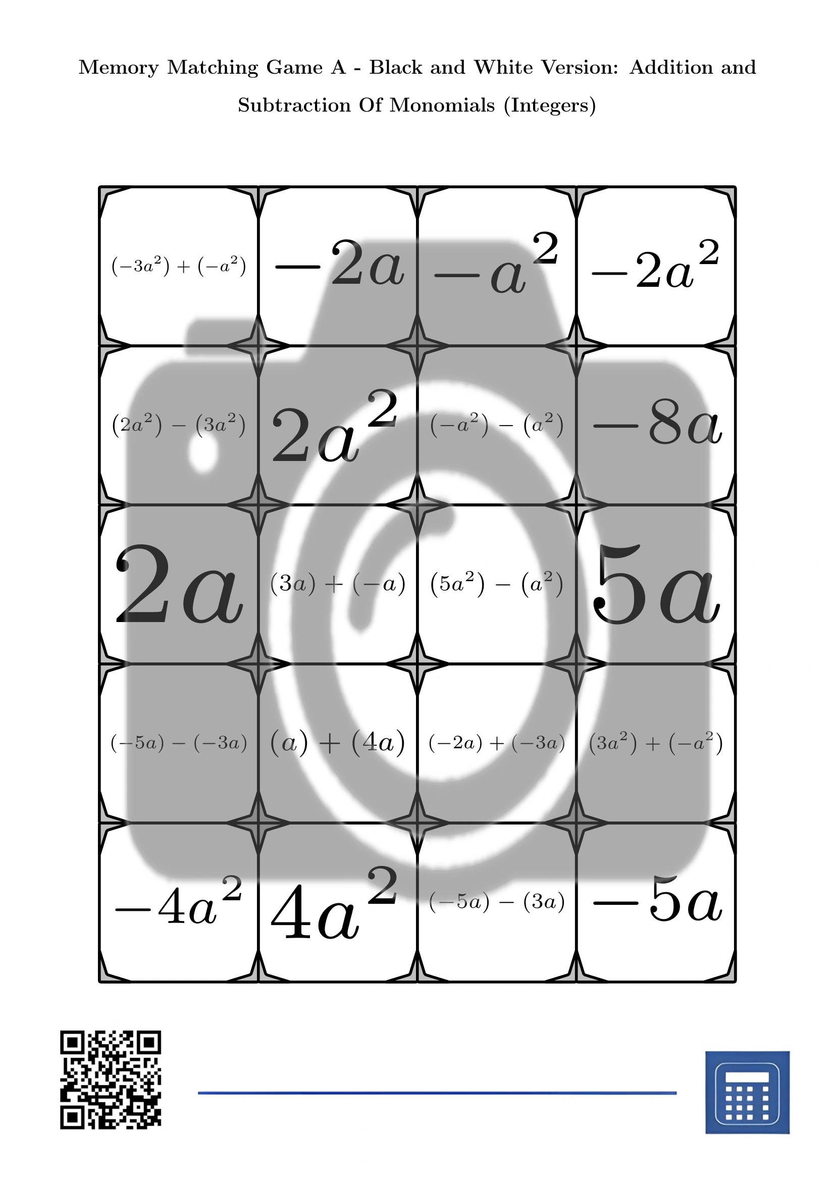 Memory matching game: Addition and Subtraction Of Monomials (Integers) - Image 3