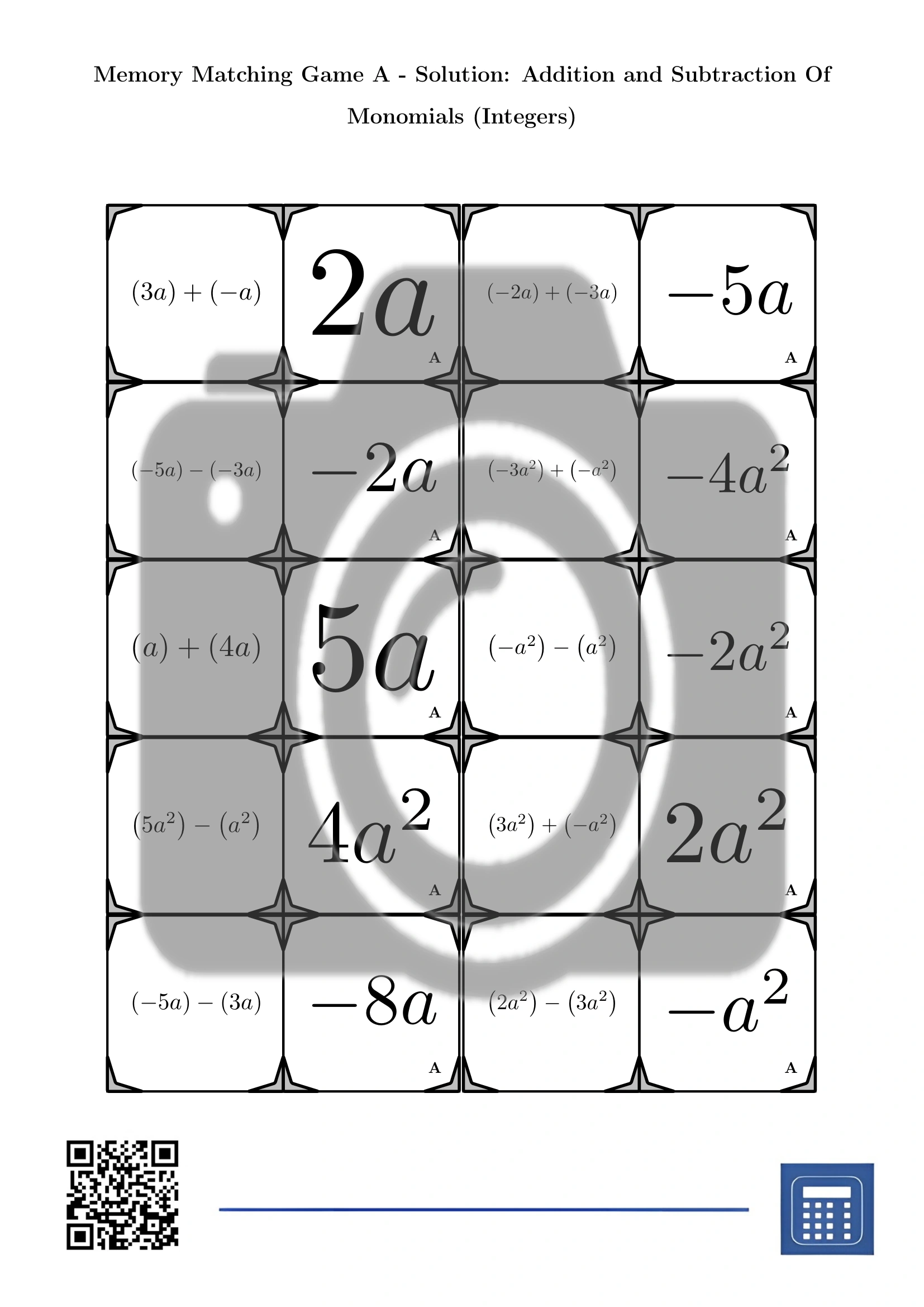 Memory matching game: Addition and Subtraction Of Monomials (Integers) - Image 4