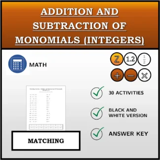 Matching activity: Addition and Subtraction Of Monomials (Integers)