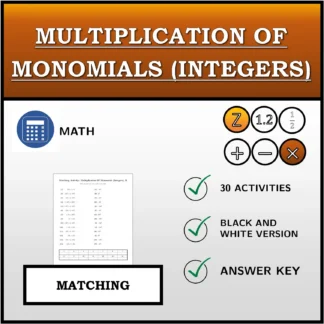 Matching activity: Multiplication Of Monomials (Integers)