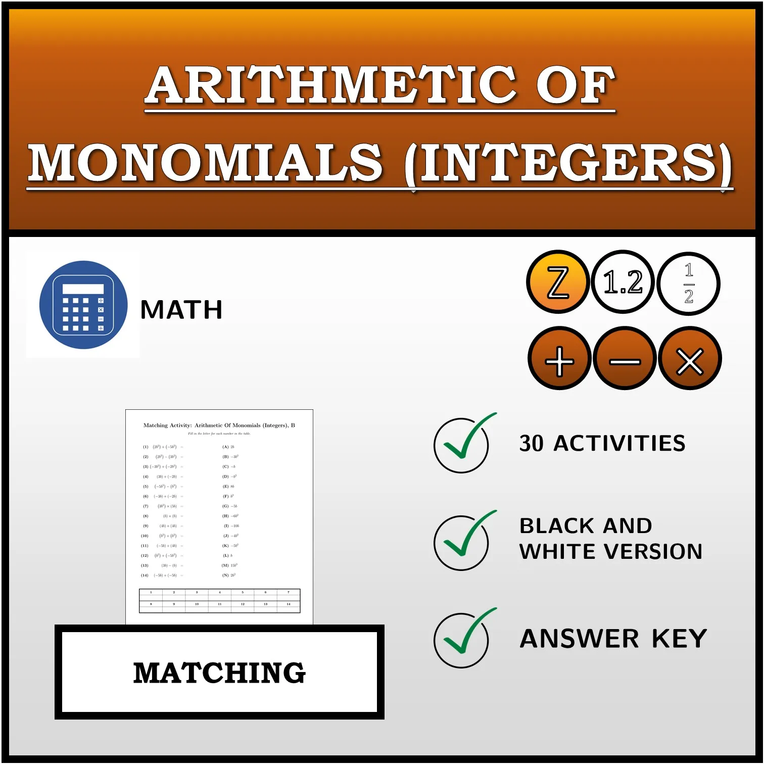 Matching activity: Arithmetic Of Monomials (Integers)