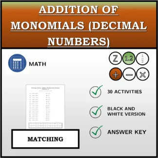Matching activity: Addition Of Monomials (Decimal Numbers)