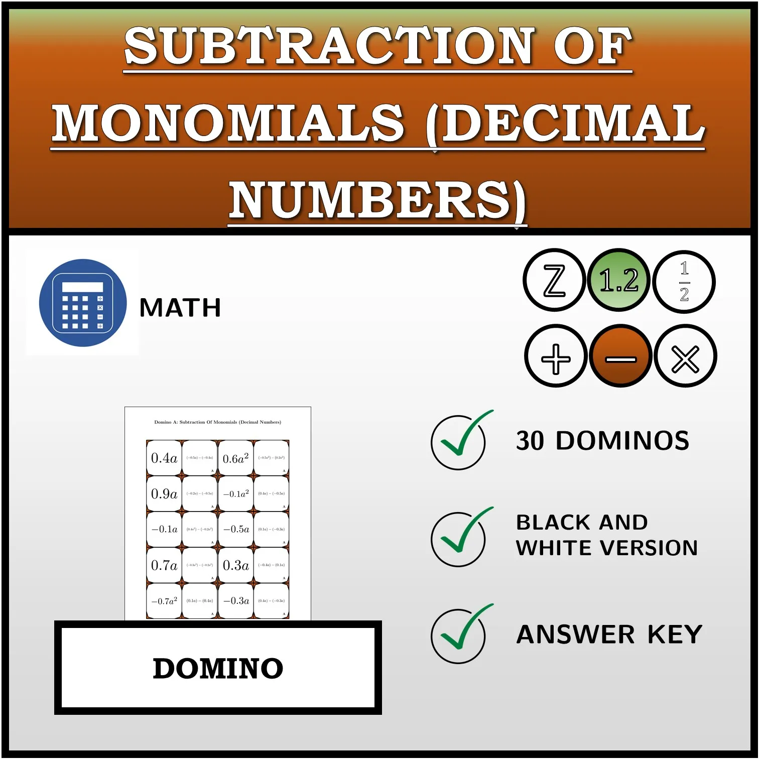Domino: Subtraction Of Monomials (Decimal Numbers)