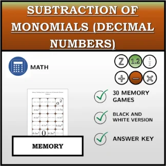 Memory matching game: Subtraction Of Monomials (Decimal Numbers)