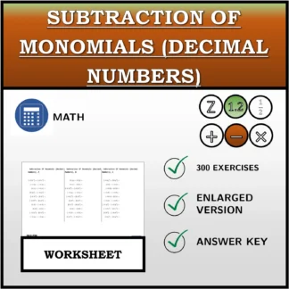 Worksheet: Subtraction Of Monomials (Decimal Numbers)