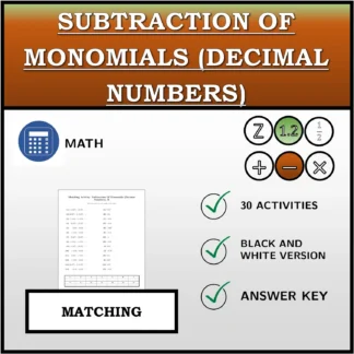 Matching activity: Subtraction Of Monomials (Decimal Numbers)