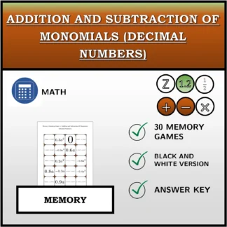 Memory matching game: Addition and Subtraction Of Monomials (Decimal Numbers)