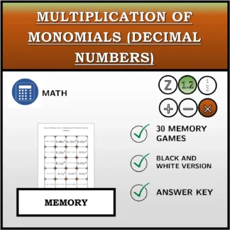 Memory matching game: Multiplication Of Monomials (Decimal Numbers)
