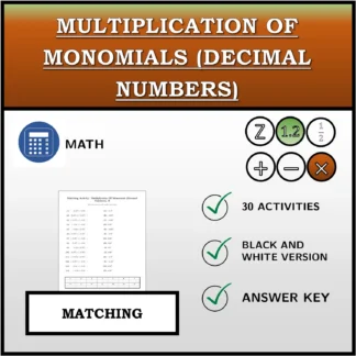 Matching activity: Multiplication Of Monomials (Decimal Numbers)