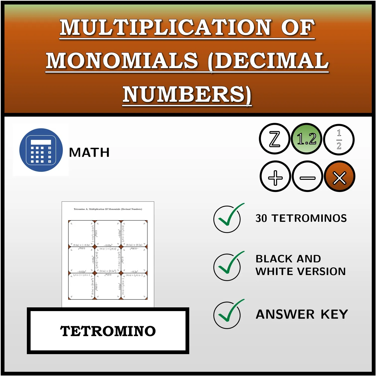 Tetromino: Multiplication Of Monomials (Decimal Numbers)