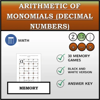 Memory matching game: Arithmetic Of Monomials (Decimal Numbers)