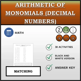Matching activity: Arithmetic Of Monomials (Decimal Numbers)