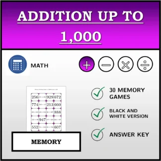 Memory matching game: Addition up to 1,000