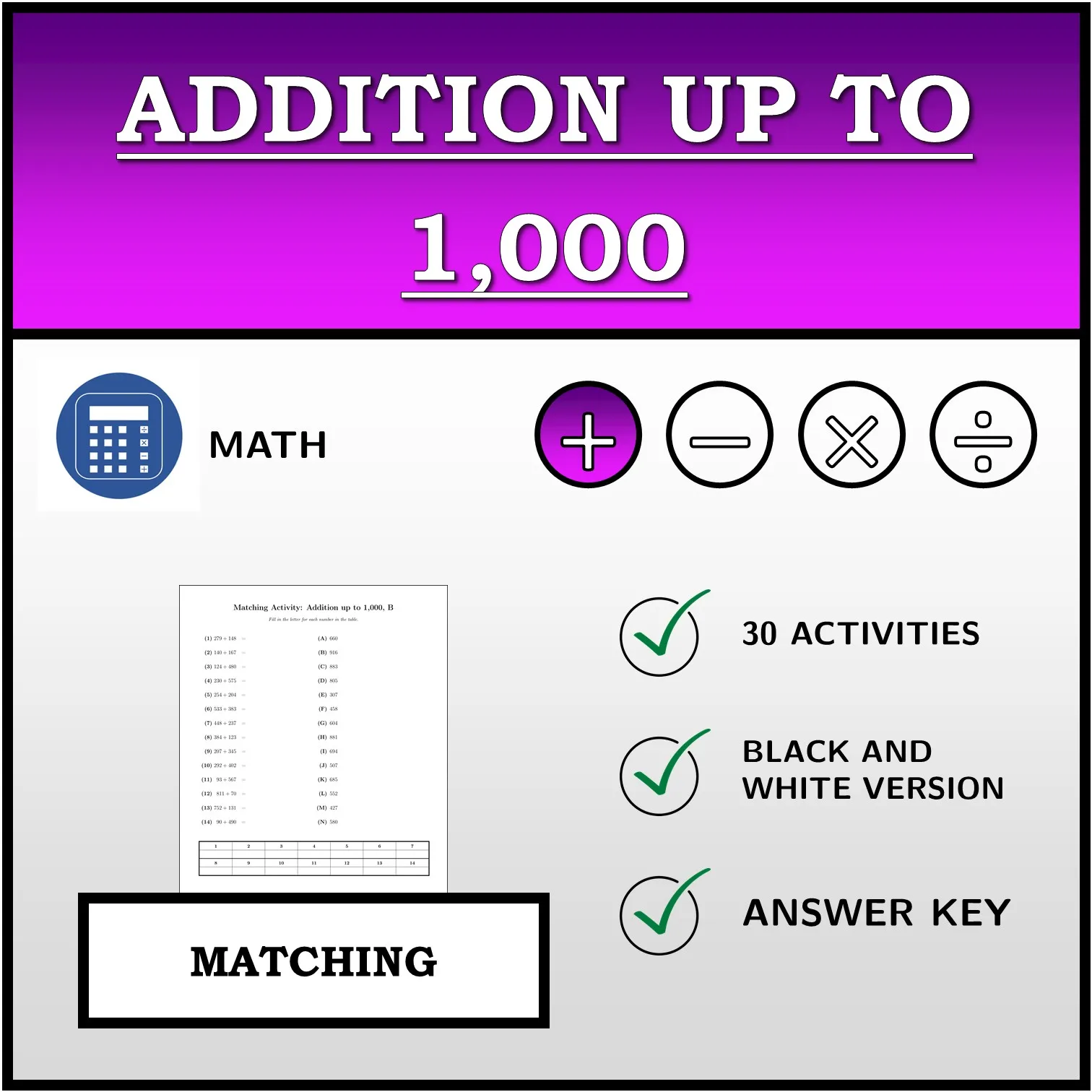 Matching activity: Addition up to 1,000