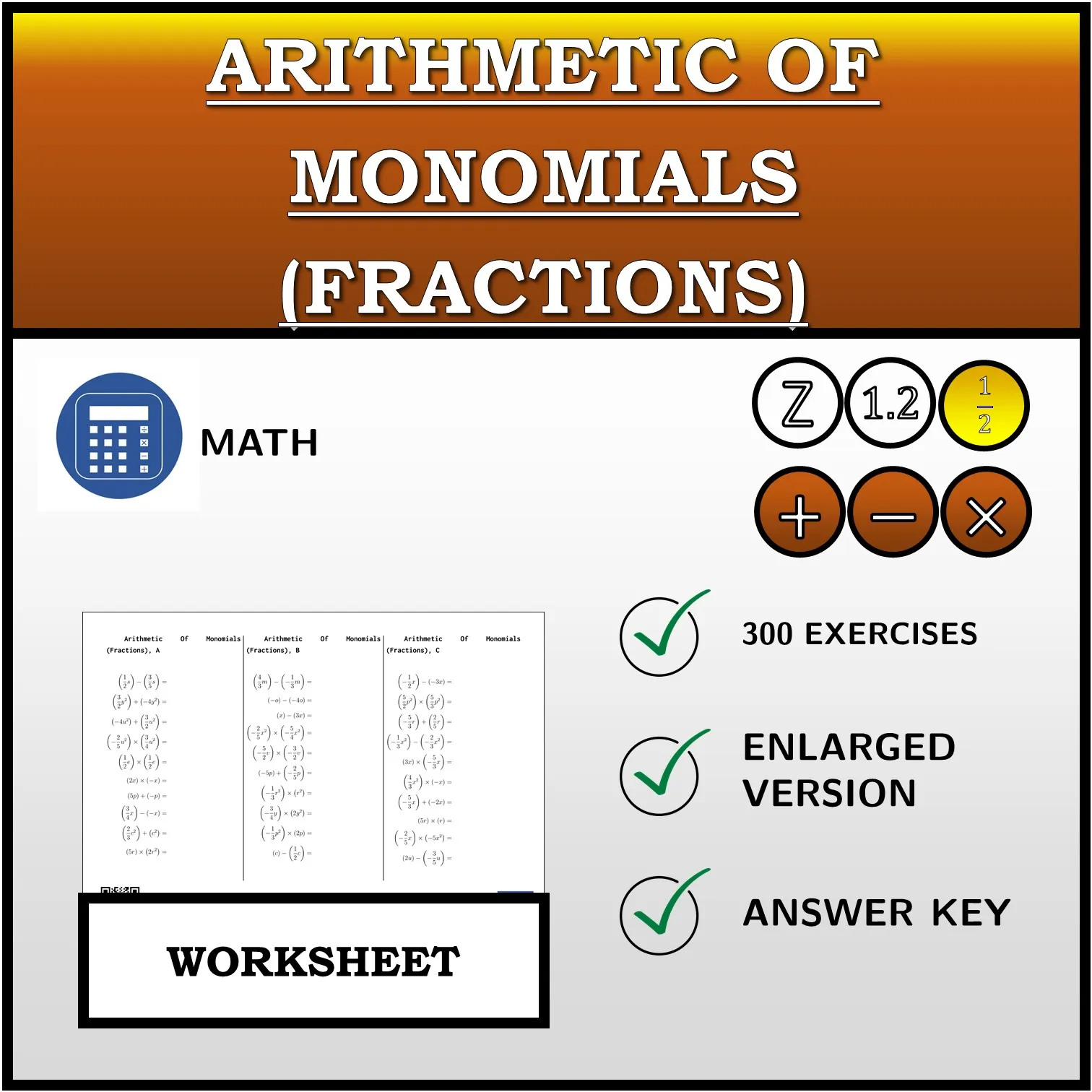 Worksheet: Arithmetic Of Monomials (Fractions)