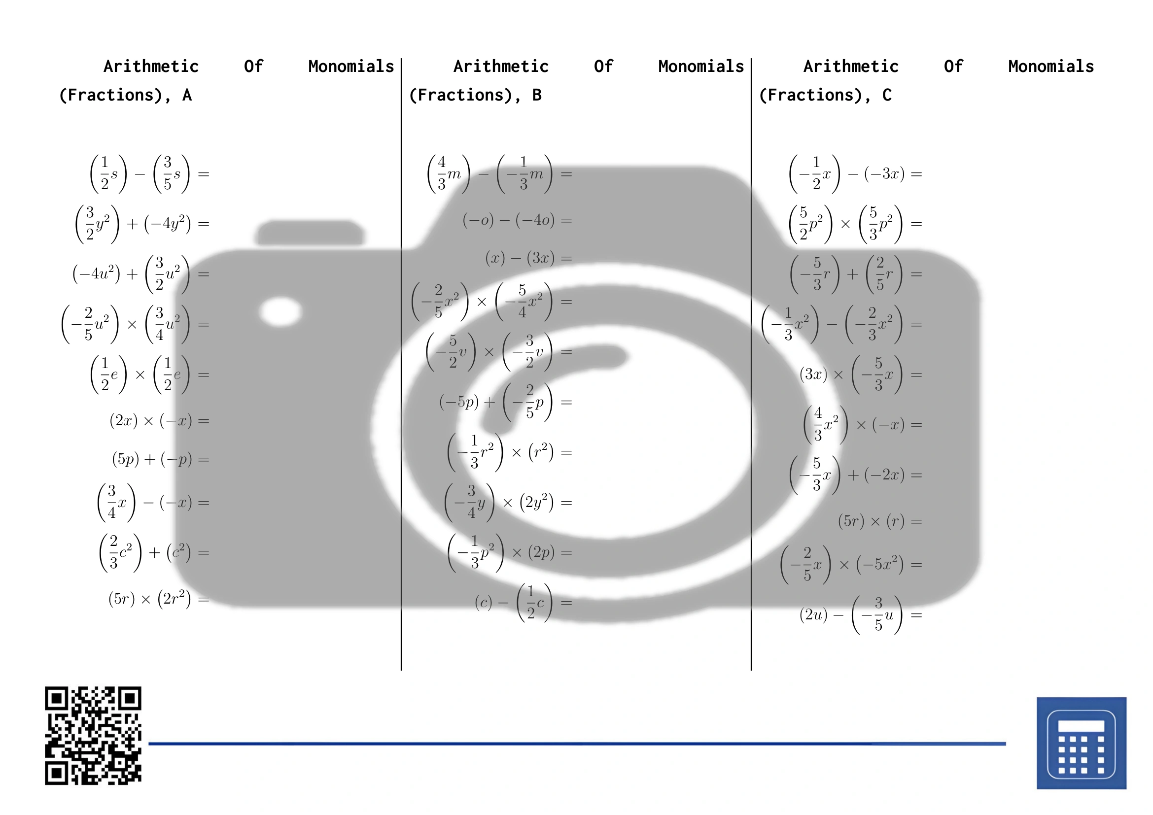Worksheet: Arithmetic Of Monomials (Fractions) - Image 2