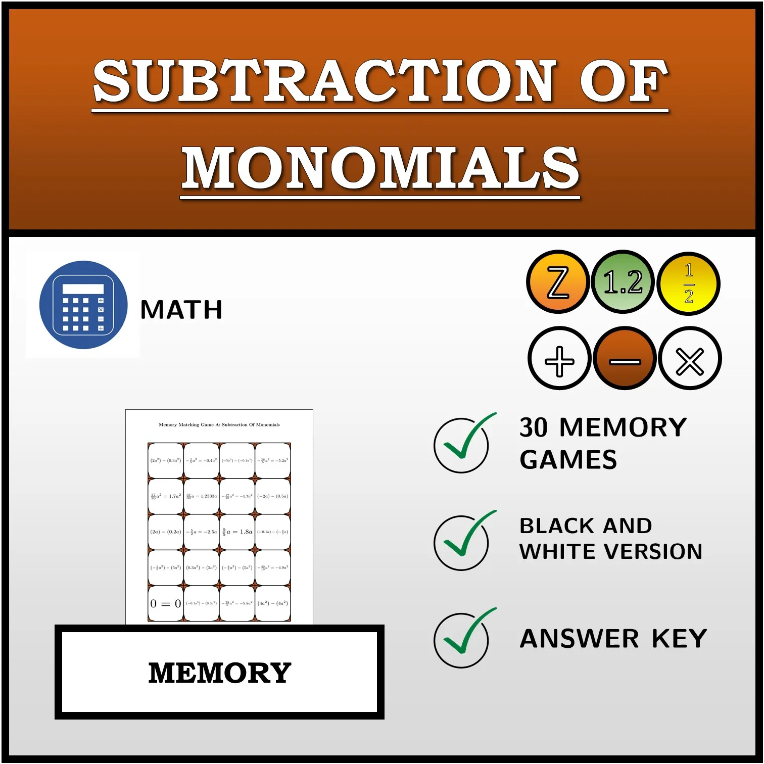 Memory matching game: Subtraction Of Monomials