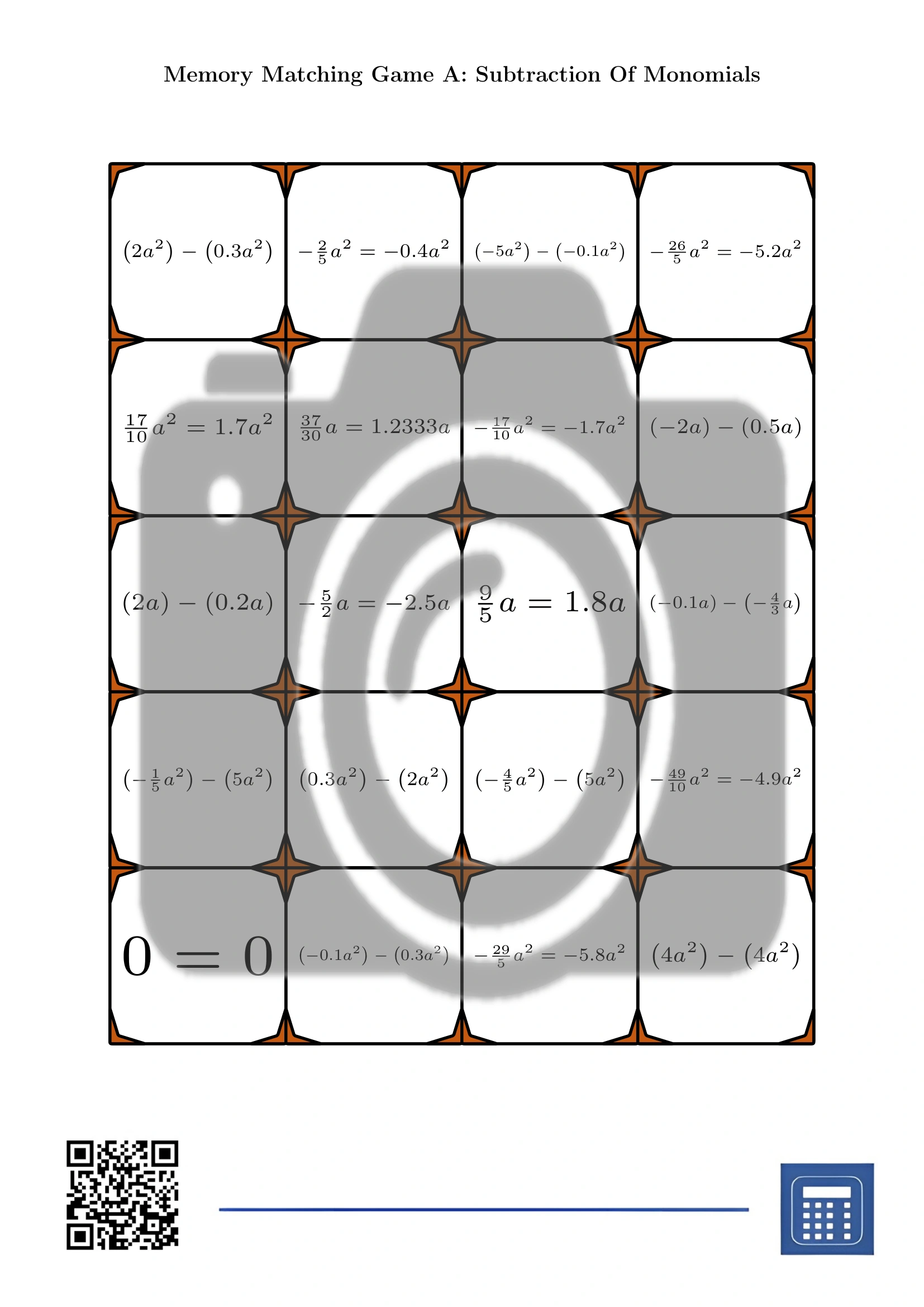 Memory matching game: Subtraction Of Monomials - Image 2