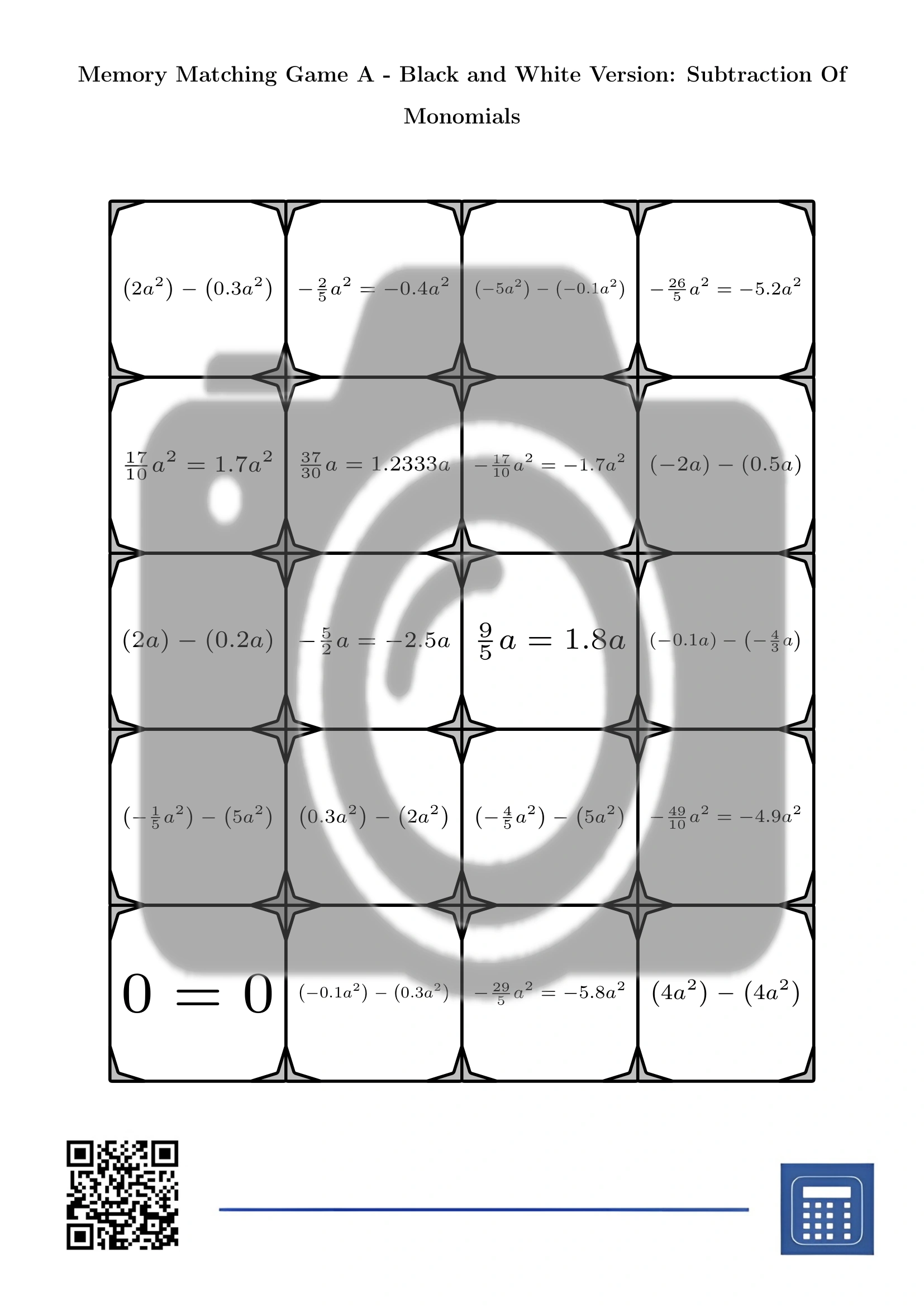 Memory matching game: Subtraction Of Monomials - Image 3