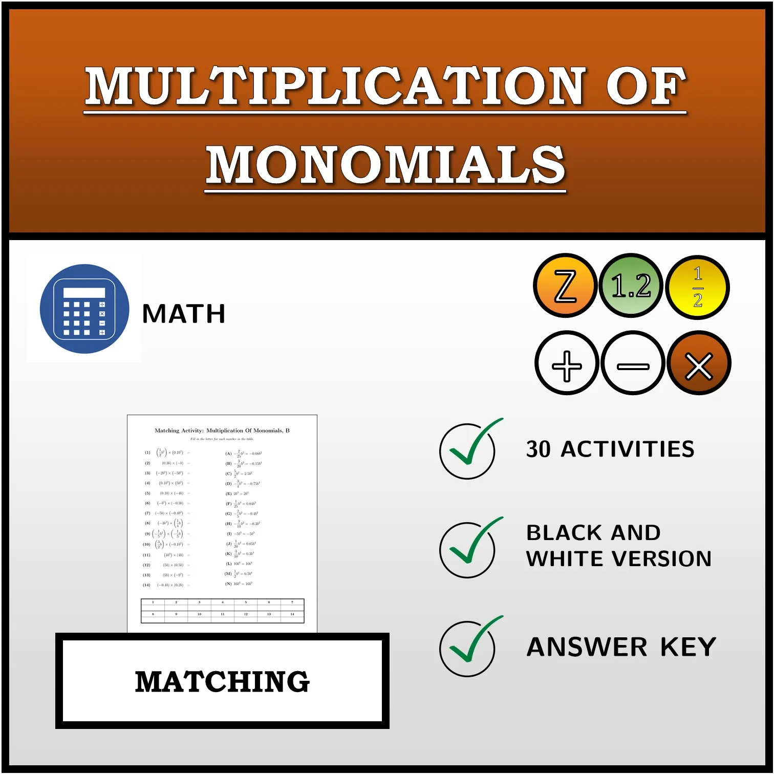 Matching activity: Multiplication Of Monomials
