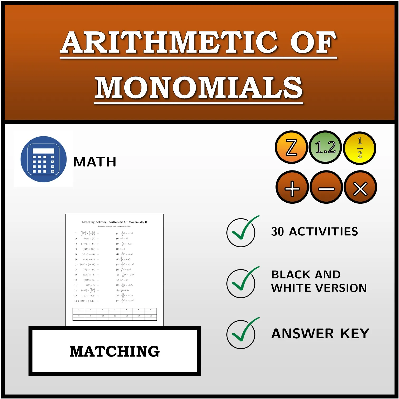 Matching activity: Arithmetic Of Monomials