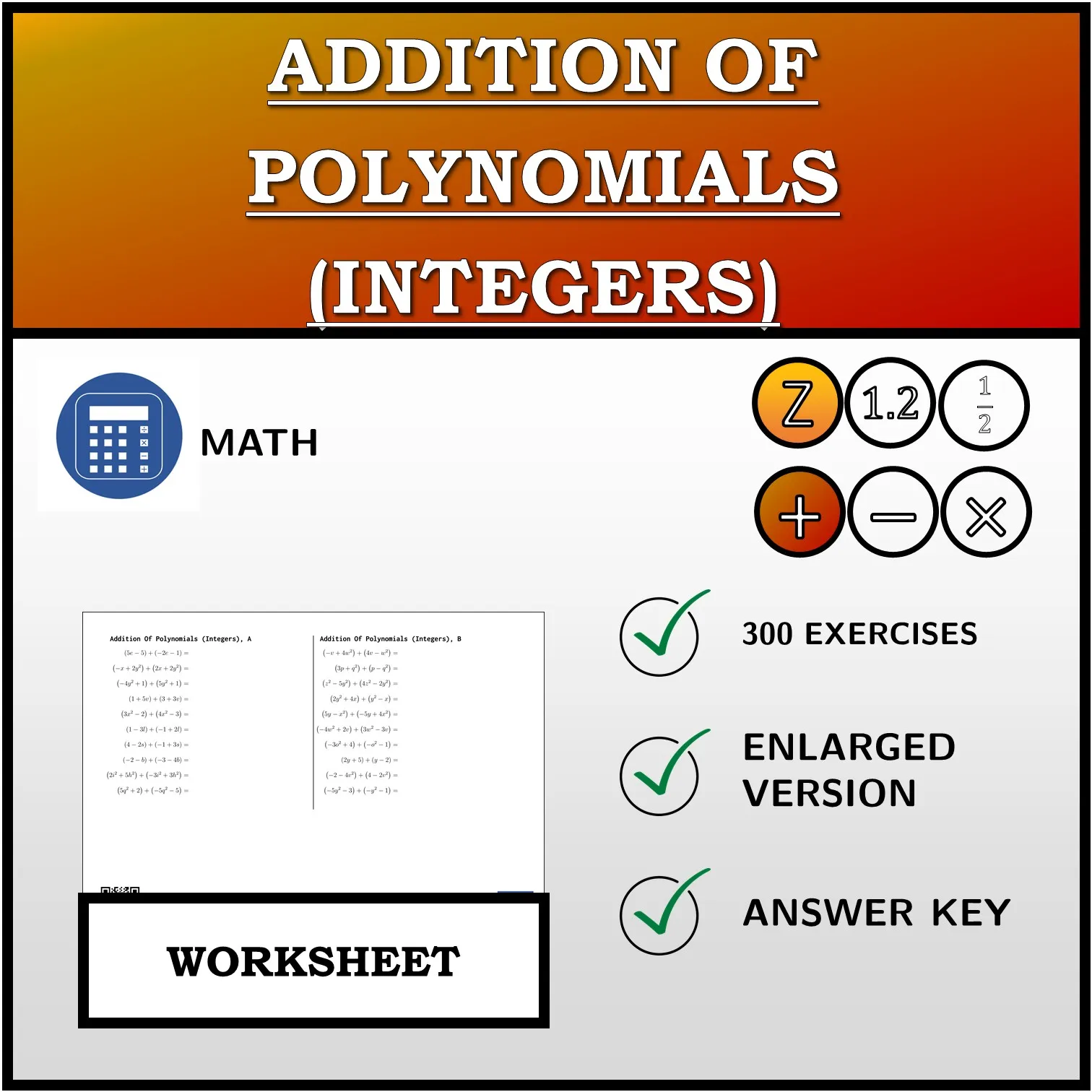 Worksheet: Addition Of Polynomials (Integers)