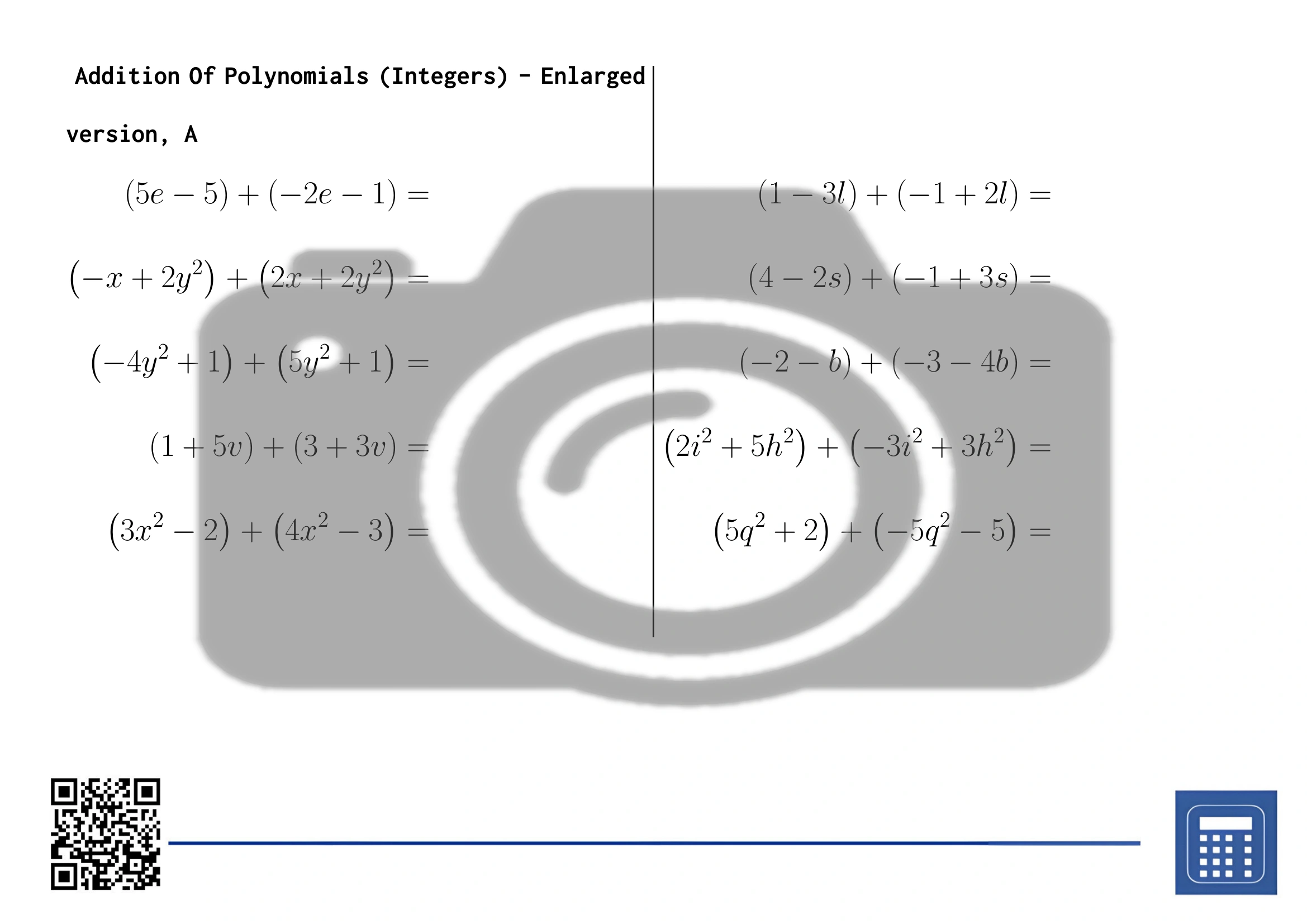Worksheet: Addition Of Polynomials (Integers) - Image 3