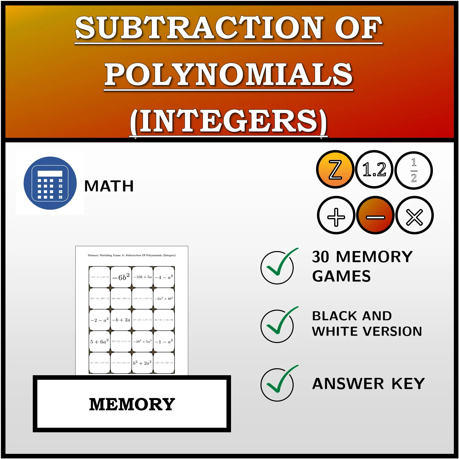 Memory matching game: Subtraction Of Polynomials (Integers)