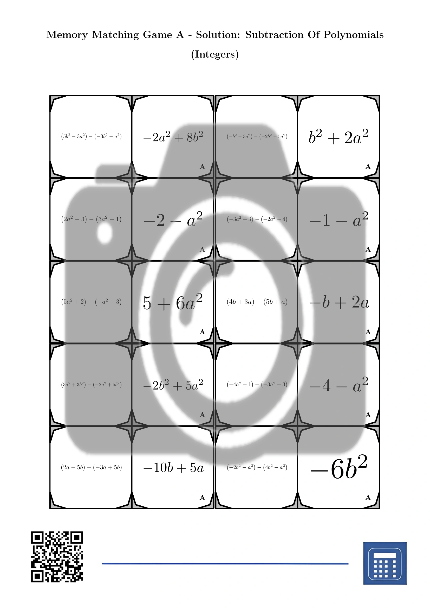 Memory matching game: Subtraction Of Polynomials (Integers) - Image 4